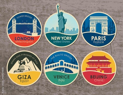 Set of stickers with the sights of the capitals of various countries. Vector illustration on the theme of travel with round emblems on a wooden background. UK, USA, France, Egypt, Italy, China