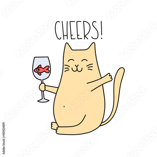 Cute cat holding a glass of wine with fish. Vector cartoon drawing in doodle style. Good for posters, textiles, t shirts.