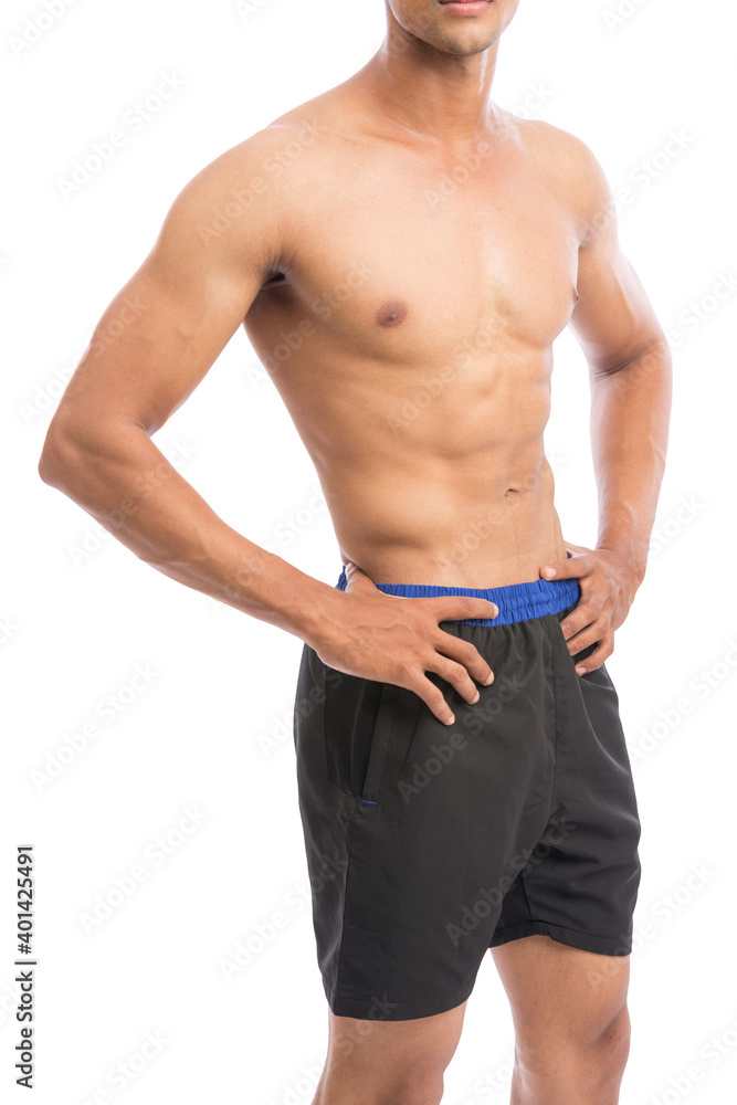Fototapeta premium healthy athletic young man showing muscle isolated on white.