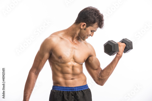 muscular young man lifting weights for biceps curl isolated on white