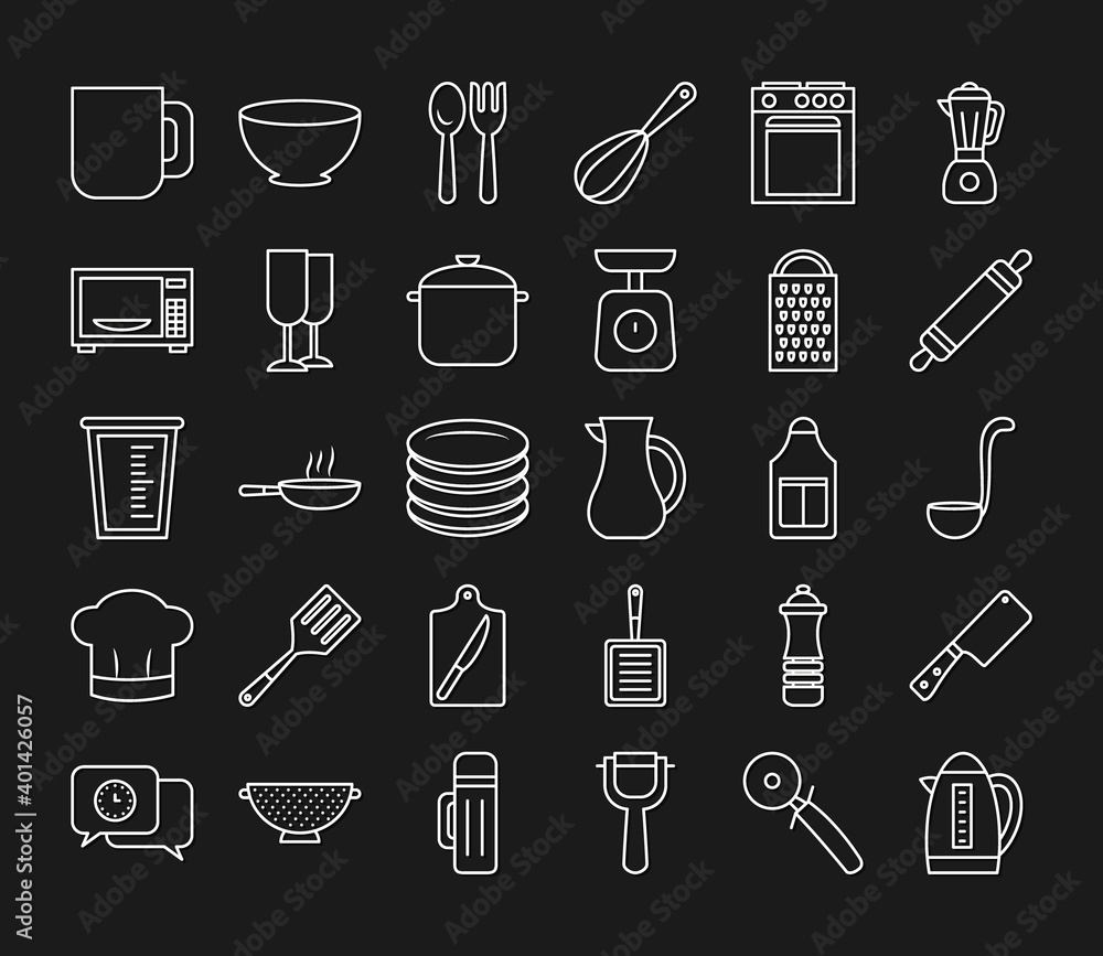 Fototapeta premium kitchen elements icon set, line style