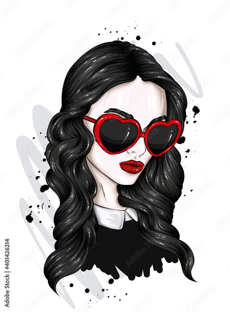 Beautiful girl with glasses in the shape of hearts. Valentine's Day and love. Vector illusion for a postcard or poster, print on clothes. Fashion and style, accessories.
Beautiful girl with glasses in the shape of hearts. Valentine's Day and love. Vector illusion for a postcard or poster, print on clothes. Fashion and style, accessories.