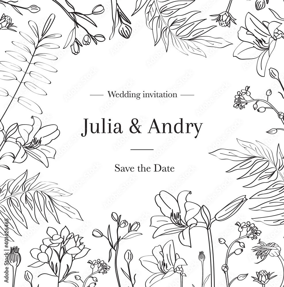 Wedding invitation card design template with black and white herbs and flowers. - Vector Wedding invitation card design template with black and white herbs and flowers. - Vector