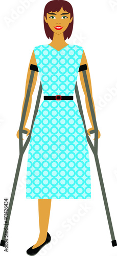 Beautiful smiling girl in blue dress with crutches and one leg isolated. Concept-physical injury