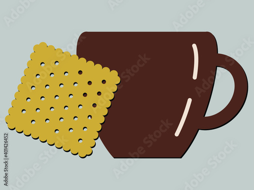 Vector illustration-brown coffee mug and square cracker isolated close-up