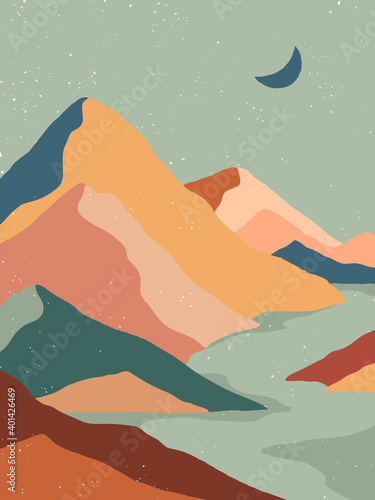 Creative abstract mountain landscape.Mountain range background.Mid century modern vector illustration with hand drawn mountains with sun or moon.Trendy contemporary design.Wall art decor.