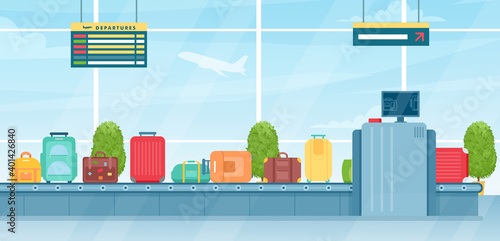 Travel suitcases on baggage conveyor belt in airport terminal, passenger luggage bags