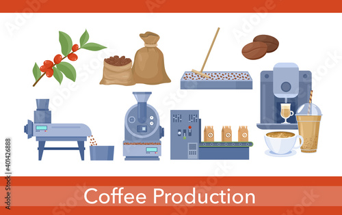 Coffee production set, cartoon process of picking harvesting, drying coffee product
