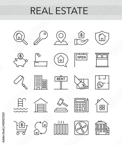 Real estate thin line icon set for consulting realty agency
