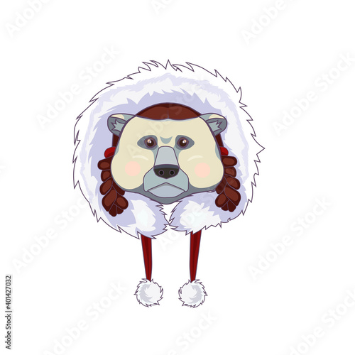 Vector head of Eskimo polar bear in fur hood on white isolated background, isolated Polar Bear in Cartoon style, concept of Traditional clothes and Fashion, Wildlife and Animals.