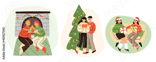 Bundle of cheerful vector illustrations of people exchanging Christmas gifts. Set of characters giving each other presents for winter holidays. Trendy cartoon style. Elements are isolated.