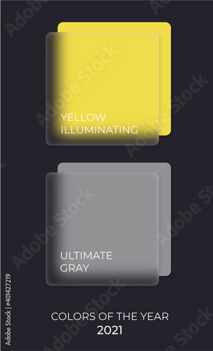 Colors of the year 2021 Yellow Illuminating and ultimate gray in white borders. Glassmorphism effect background. Vector.