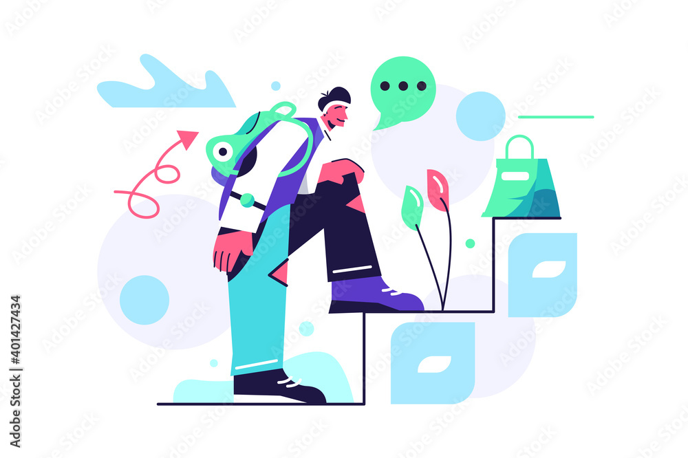 Young guy with backpack climbs the stairs to the top isolated on white background, flat vector illustration Young guy with backpack climbs the stairs to the top isolated on white background, flat vector illustration
