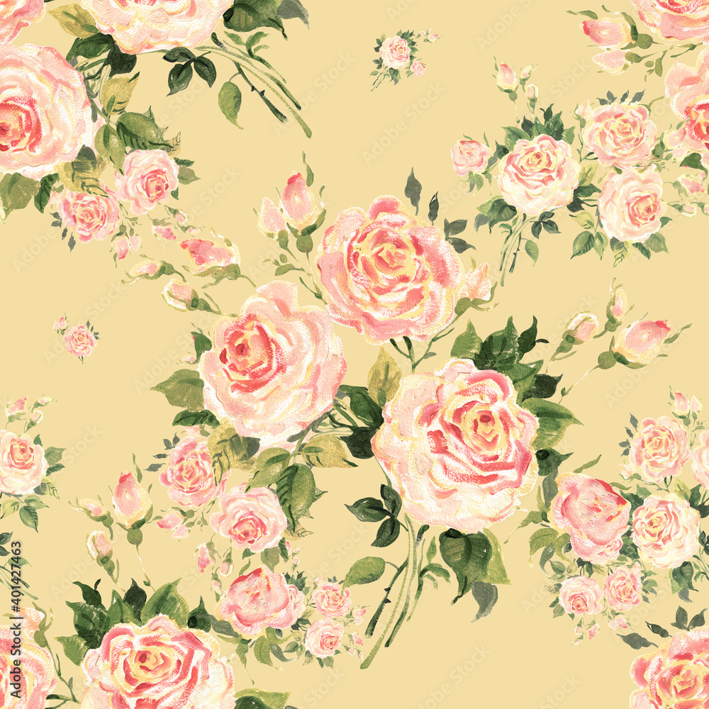  Lovely floral seamless pattern drawn by oil paints on paper roses