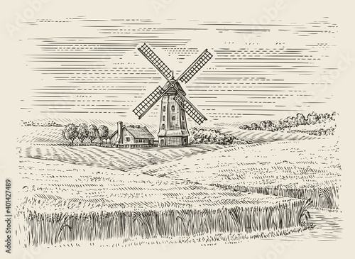 Wheat field and windmill sketch. Farm landscape vintage vector illustration