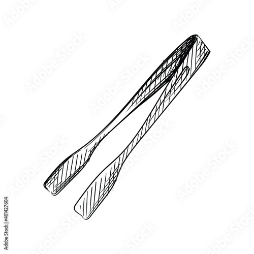 Hand drawn sketch of ice tongs on a white background. Black and white sketch of tongs. Bar inventory