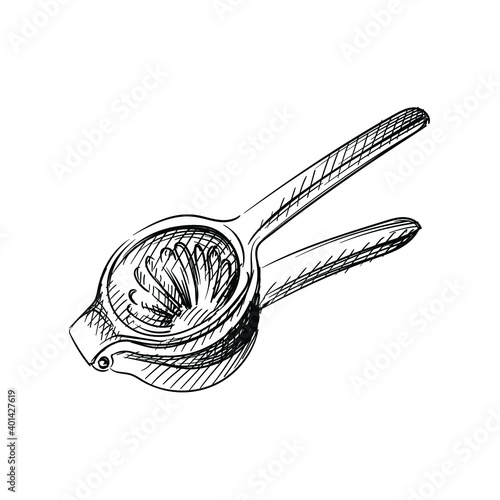 Hand drawn sketch of lemon squeezer on a white background. Black and white sketch of Squeezer. Bar inventory