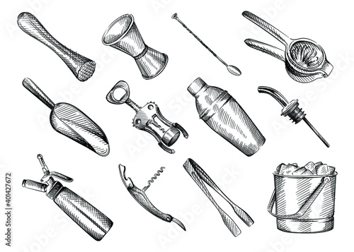 Hand drawn Black and white sketch set of Bar inventory. Muddler; jigger; measuring cup; bar spoon; squeezer; ice tongs; corkscrew; scoop; cream dispenser; ice bucket; shaker; Bar geyser, dispenser