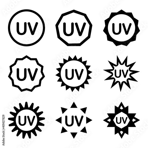 UV sterilization stamp. UV light disinfection or protection badges. Set of ultraviolet sterilization icons. Ultraviolet germicidal irradiation. Surface cleaning, medical decontamination procedure