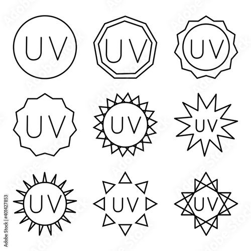 UV sterilization stamp. UV light disinfection. Badge set for ultraviolet sterilization. Ultraviolet germicidal irradiation. Surface cleaning, medical decontamination procedure. Vector