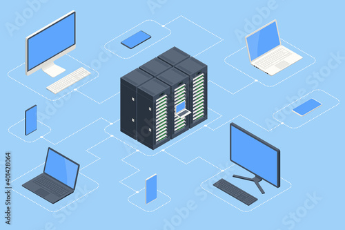 Isometric data center and network elements. Server room data center. Big modern data center, server room