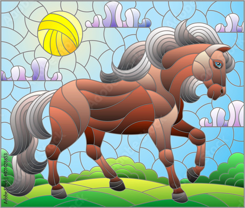 Illustration in stained glass style with a wild horse on a background of fields and a cloudy sky with the sun, rectangular image