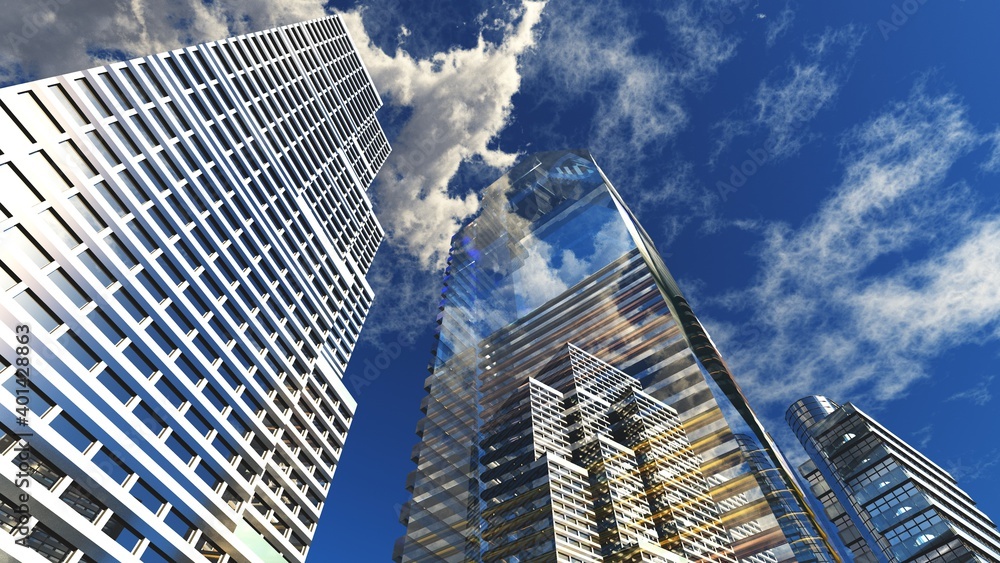 Fototapeta premium Skyscrapers against the sky, high-rise buildings against a light sky, cityscape with skyscrapers, 3D rendering