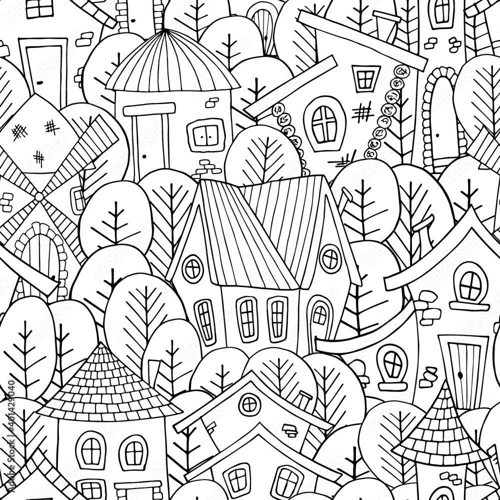 Fototapeta premium Outline country houses and trees seamless pattern. Vector illustration.