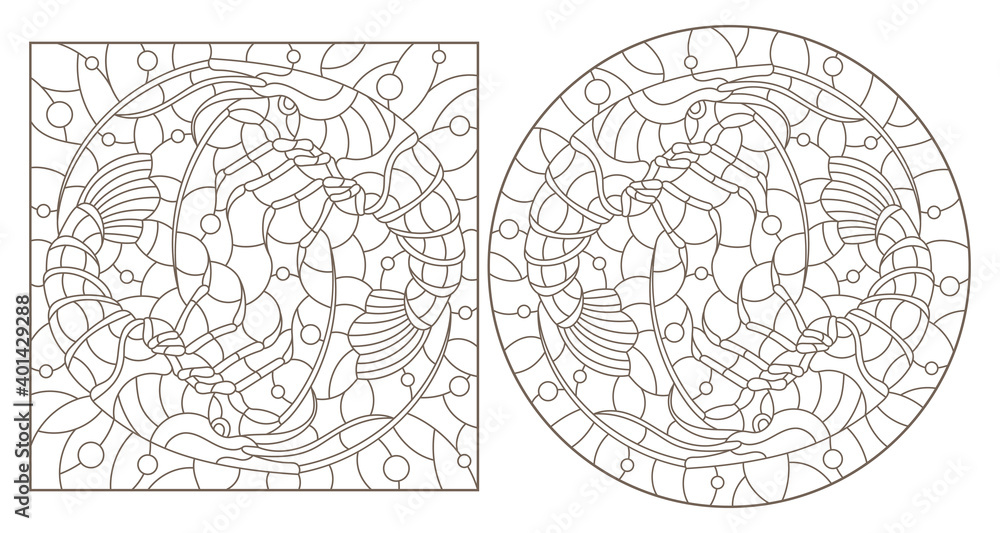 Set of contour illustrations in stained glass style with shrimps on a background of water and air bubbles, dark contours on a white background
