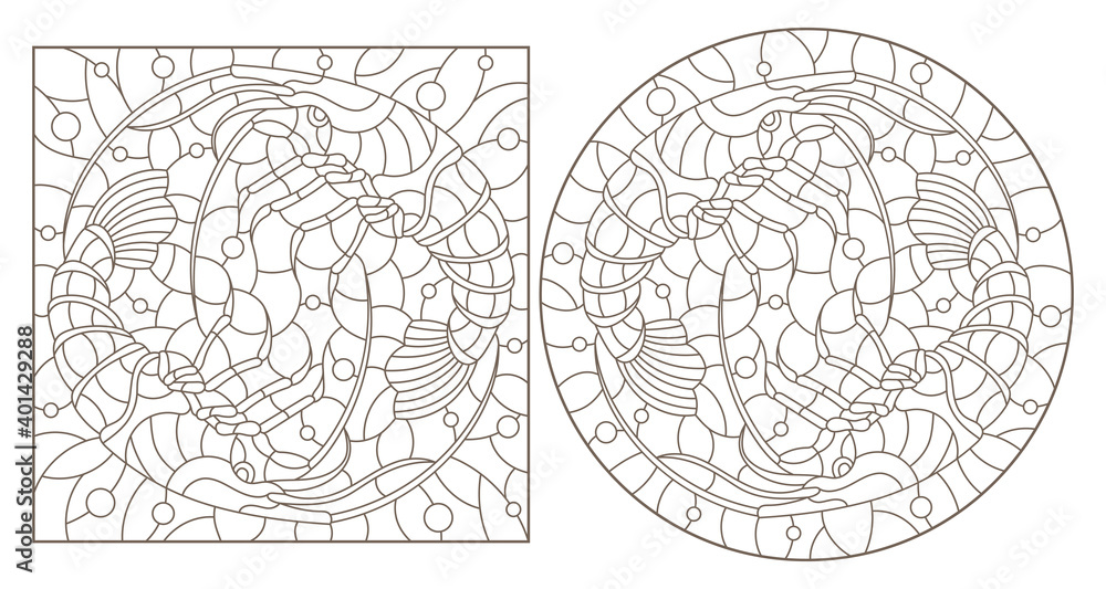 Obraz premium Set of contour illustrations in stained glass style with shrimps on a background of water and air bubbles, dark contours on a white background