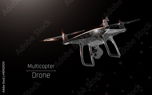 Abstract line and point drone. Drone flying with action video camera . Polygonal low poly background with connecting dots and lines. Vector illustration connection structure. wireframe. white on black