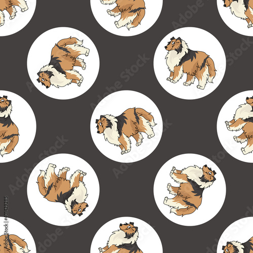 Hand drawn cute Rough Collie dog breed in polka dot seamless vector pattern. Purebread pedigree puppy domestic on dotty background. Dog lover toy dog all over print. Kennel club pooch. 