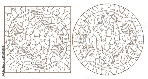 Set of contour illustrations in stained glass style with shrimps on a background of water and air bubbles, dark contours on a white background