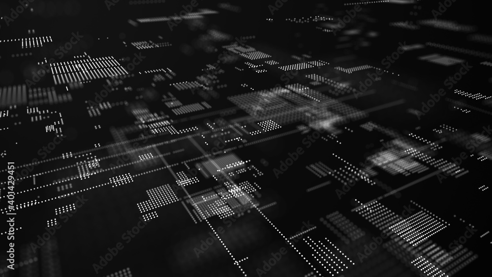 Fototapeta premium Digital background with moving glowing particles. Futuristic hi-tech illustration. Concept of data transfer in cyberspace. Big data visualization. 3d rendering.