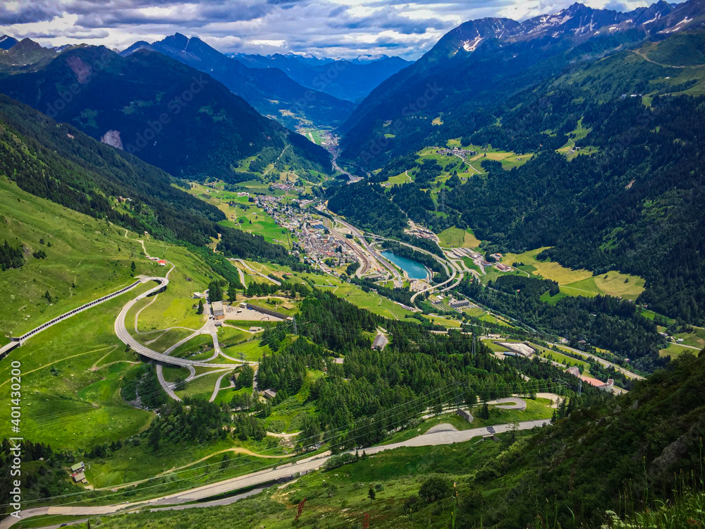 Serpentine mountain roads in Switzerland. Top view