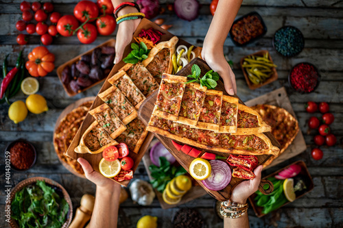 Traditional Turkish food, lahmacun and kiymali and kusbasili pide