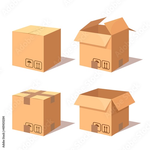 Set of 3d isometric carton, cardboard box. Transportation package in store, distibution
