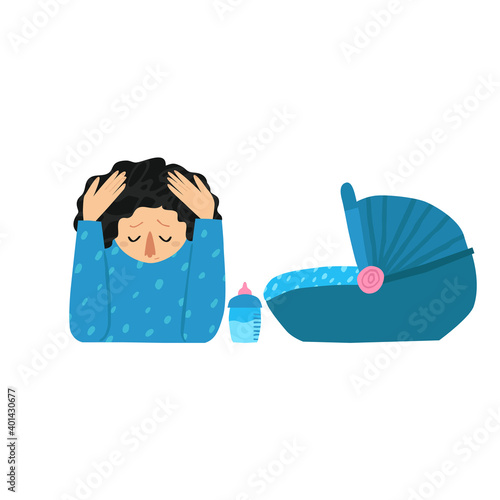 Young caucasian woman in sadness. Feeding bottle and baby carry cot. Hand drawn cartoon character isolated on white background. Baby blues or postpartum depression concept. Trendy vector illustration