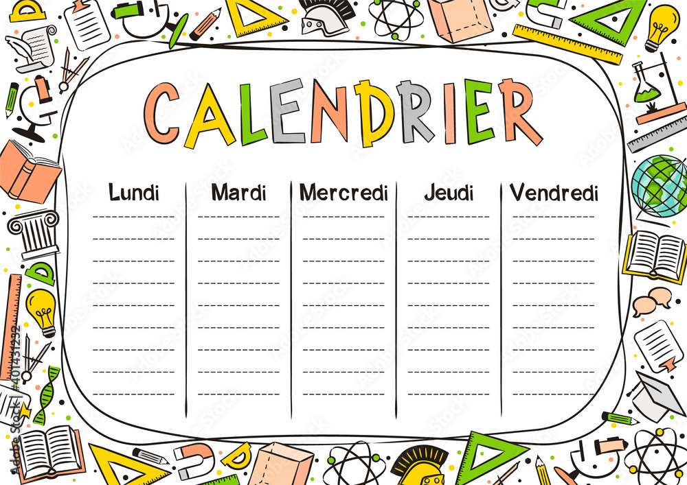 French Kids Template of a school schedule for 5 days of the week for