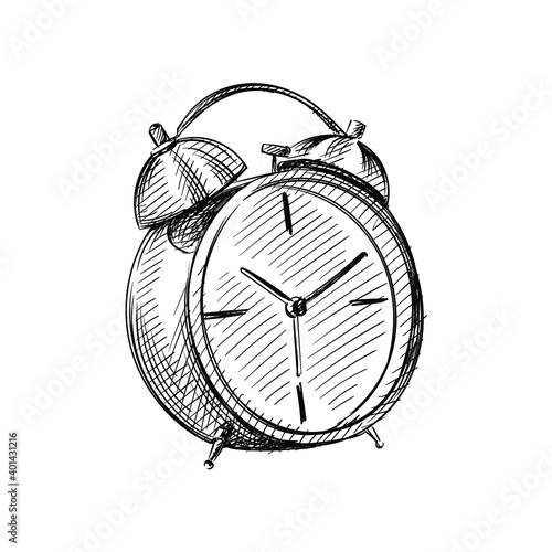Hand drawn sketch of alarm clock on a white background. Black and white sketch of alarm clock. Going to sleep. Sleeping set