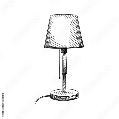 Hand drawn sketch of bed lamp on a white background. Black and white sketch of bed lamp. Going to sleep. Sleeping set