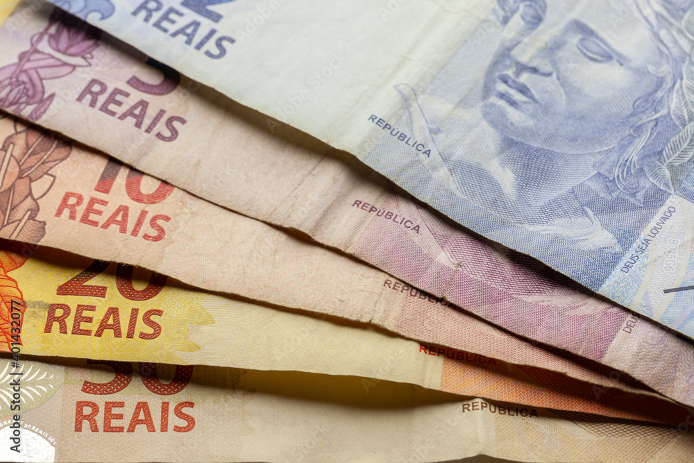 Brazilian Real used colored bank notes money close details Brazilian Real used colored bank notes money close details