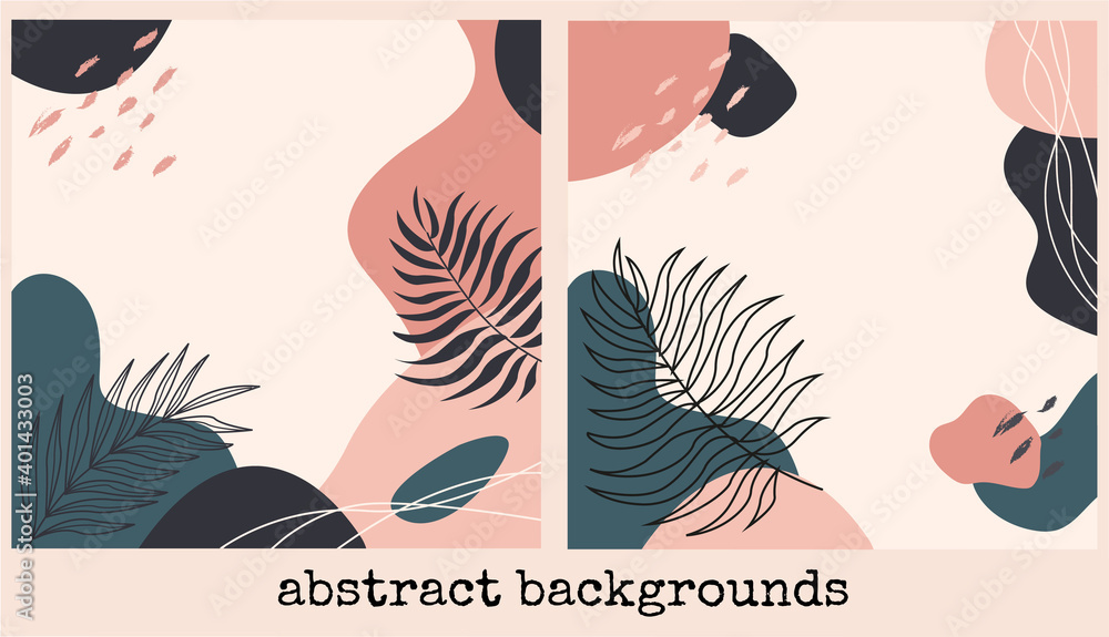 Set of abstract backgrounds. Minimalistic art. Abstract template for banners, posters, flyers, covers. Hand drawn doodle various shapes, lines, spots, drops, curves. Contemporary modern Vector