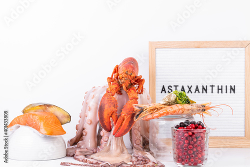 Astaxanthin Healthy Nutrition food, rich in iodine, omega3, antioxidants photo