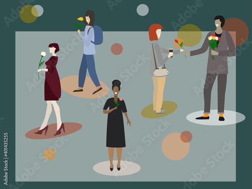 Random acts of kindness day. Man giving roses to women. Vector illustration.