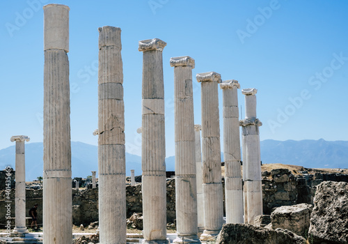 Columns in the ancient city of thousands of years. Ancient columns in Laodikeia. Laodikeia ancient city Pamukkale, Denizli.