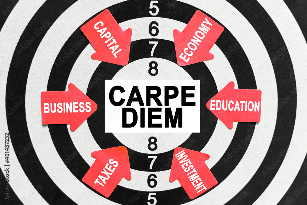 On the target, arrows with business lettering point to the center on a business card with the inscription - CARPE DIEM On the target, arrows with business lettering point to the center on a business card with the inscription - CARPE DIEM