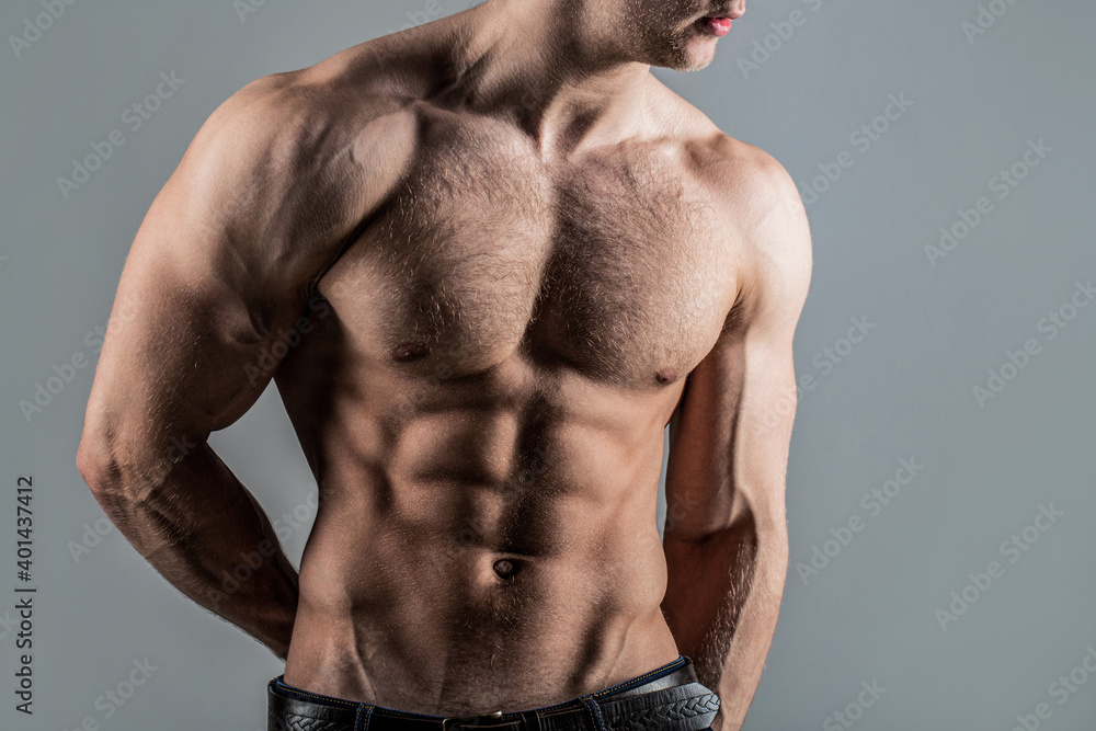 Torso six packs attractive. six pack abs. Strong man with torso. Sexy  muscular man. Sensual mans body. Fitness model. Isolated on grey  background. Handsome man with muscular topless body Stock Photo