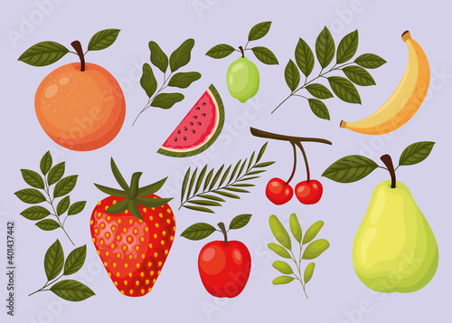 bundle of fruits icons on a purple background