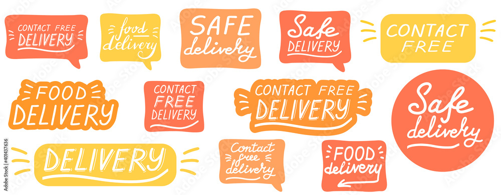 Contact free delivery. Big lettering calligraphy set. Safe delivery. Vector eps brush trendy orange sticker with text isolated on white background for banners, templates, postcards.